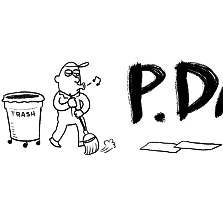 Cropped header image shows a janitor sweeping up papers next to a rolling trashcan.